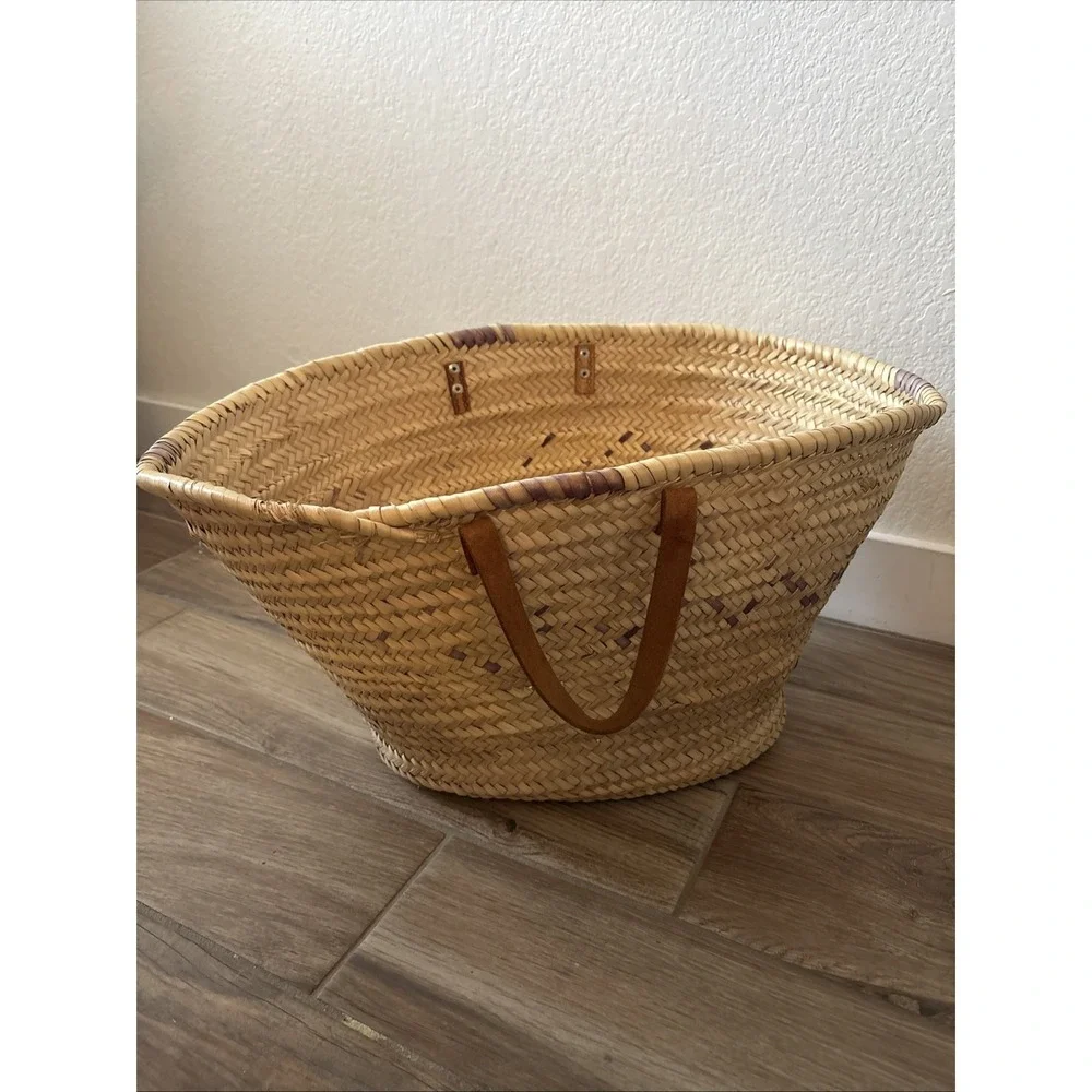 Handmade Woven Straw Market Basket with Brown Leather Handles Beach Shopping